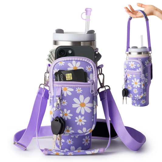 Water Bottle Carrier Bag,Water Bottle Holder with Straps Phone Pockets Fits Stanley Cup 40oz Tumbler (Purple Daisy-40oz)