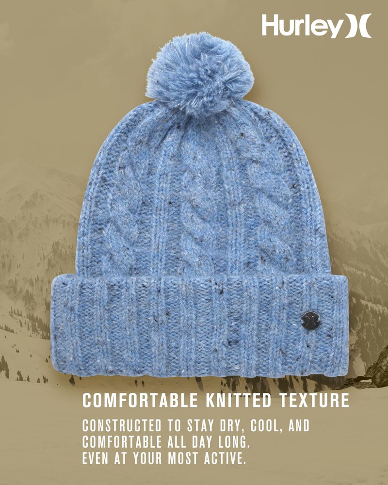 Hurley Womens Beanie - Ribbed Cable Knit Cuff Crown with Pom Beanie for Women - Warm Winter Hats for Women (One Size), Size One Size, Photo Blue