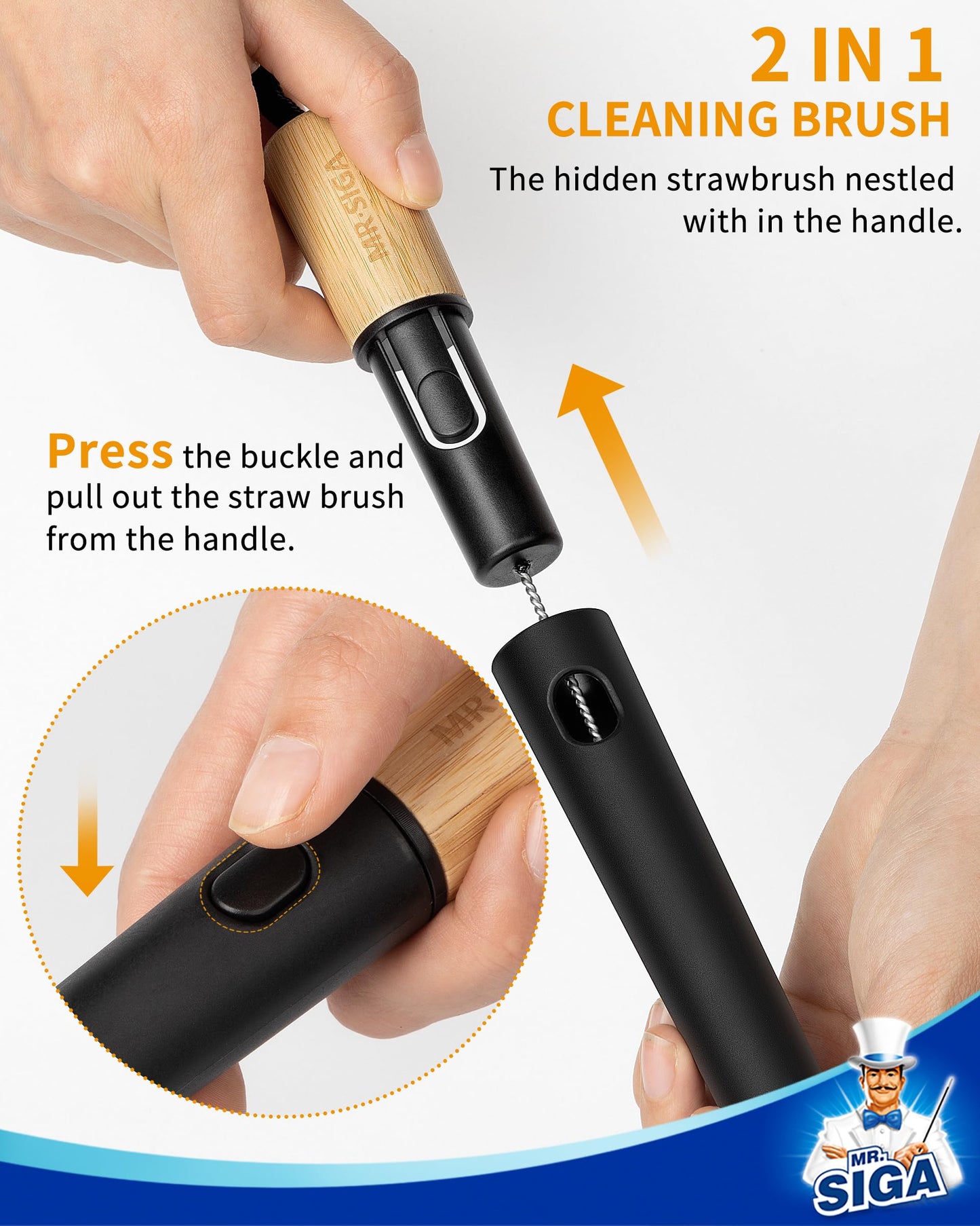 MR.SIGA Water Bottle Brush and Straw Cleaner Brush, Long Handle Bottle Cleaner Brush, 2 in 1 Bottle Cleaning Brush for Sports Bottles, Baby Bottles, Mugs, Straws, Black