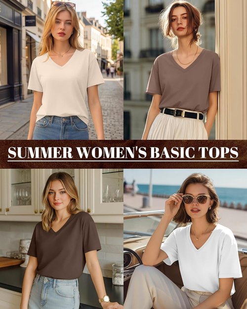 Huukeay Women's V-Neck Basic Tees - 5 Pack Comfortable Casual Short Sleeve Tops for Summer