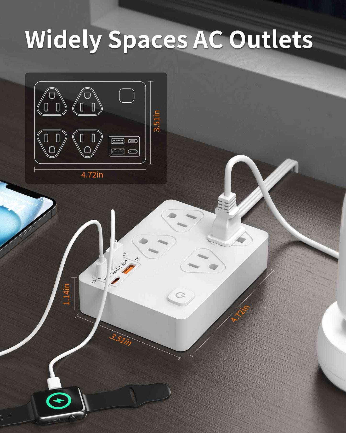 VPSUN Power Strip Surge Protector with 20W USB C Ports,6Ft Flat Plug Extension Cord Wall Mount 4 Outlets Extender,Fast USB Charging Station 1080J (White)
