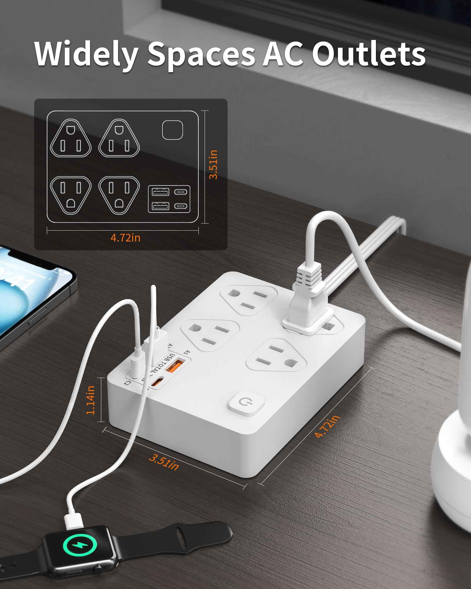 VPSUN Power Strip Surge Protector with 20W USB C Ports,6Ft Flat Plug Extension Cord Wall Mount 4 Outlets Extender,Fast USB Charging Station 1080J (White)