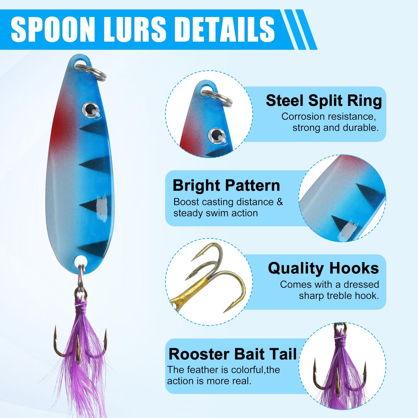 Rooster Bait Tail Spinner Fishing Lures Kit,30pcs Metal Spoon Lures with Feathered Treble Hooks for Bass Walleye Trout Freshwater Saltwater