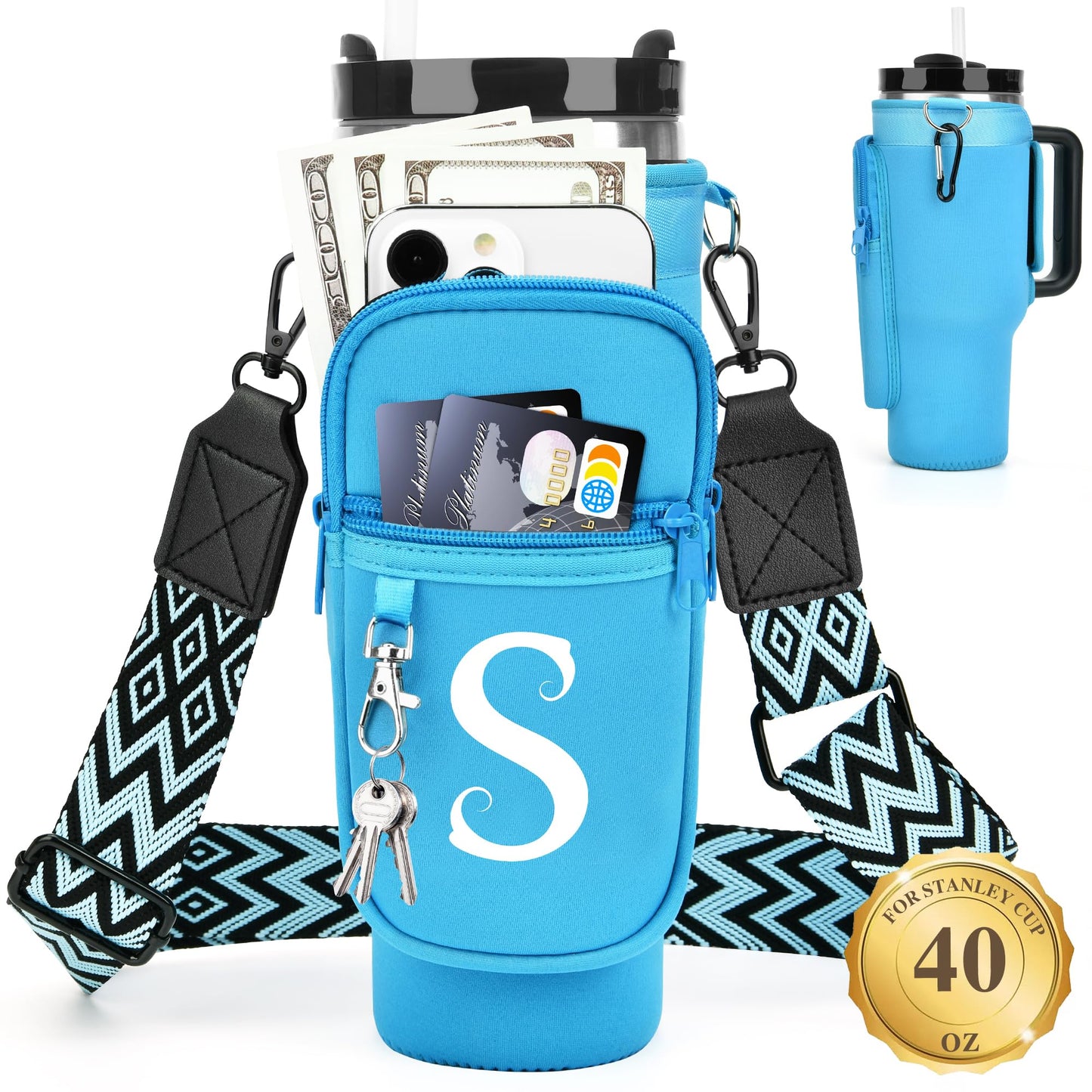 LOKASS Personalized Water Bottle Holder with Strap for Stanley Cup Accessories 40 oz, Initial for Stanley Cup Holder Carrier Bag with Phone Pocket, Hands-Free Tumbler Carrier for Travel Gym Walkin