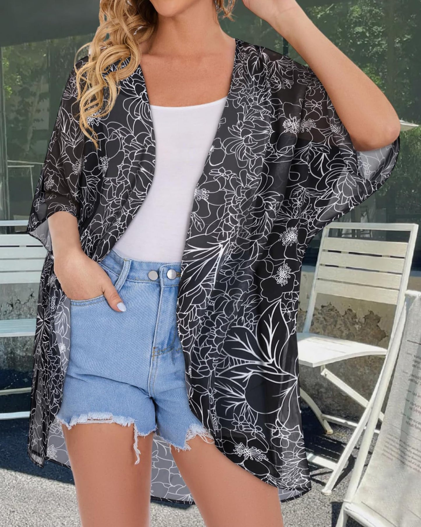 Womens Floral Kimono Cardigans Loose Puff Sleeve Casual Beach Coverups Tops (Black Brief Flowers,M)