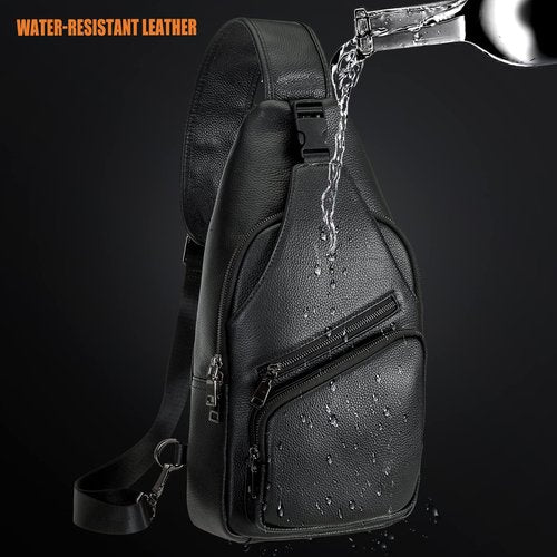 Polare Cowhide Italian Leather Sling Chest Shoulder Bag Waterproof Anti Theft Crossbody Casual Daypack (Black)