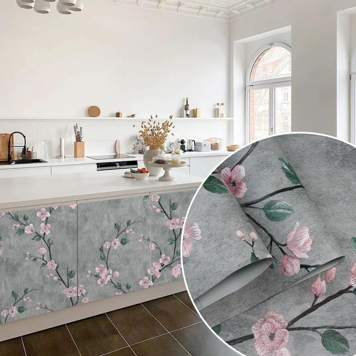 SOON AFTER 17.5"x120" Floral Peel and Stick Wallpaper Flower Tree Contact Paper Self Adhesive Removable Modern Grey Wall Paper Decorative Wall Covering Countertop Vinyl Film Roll