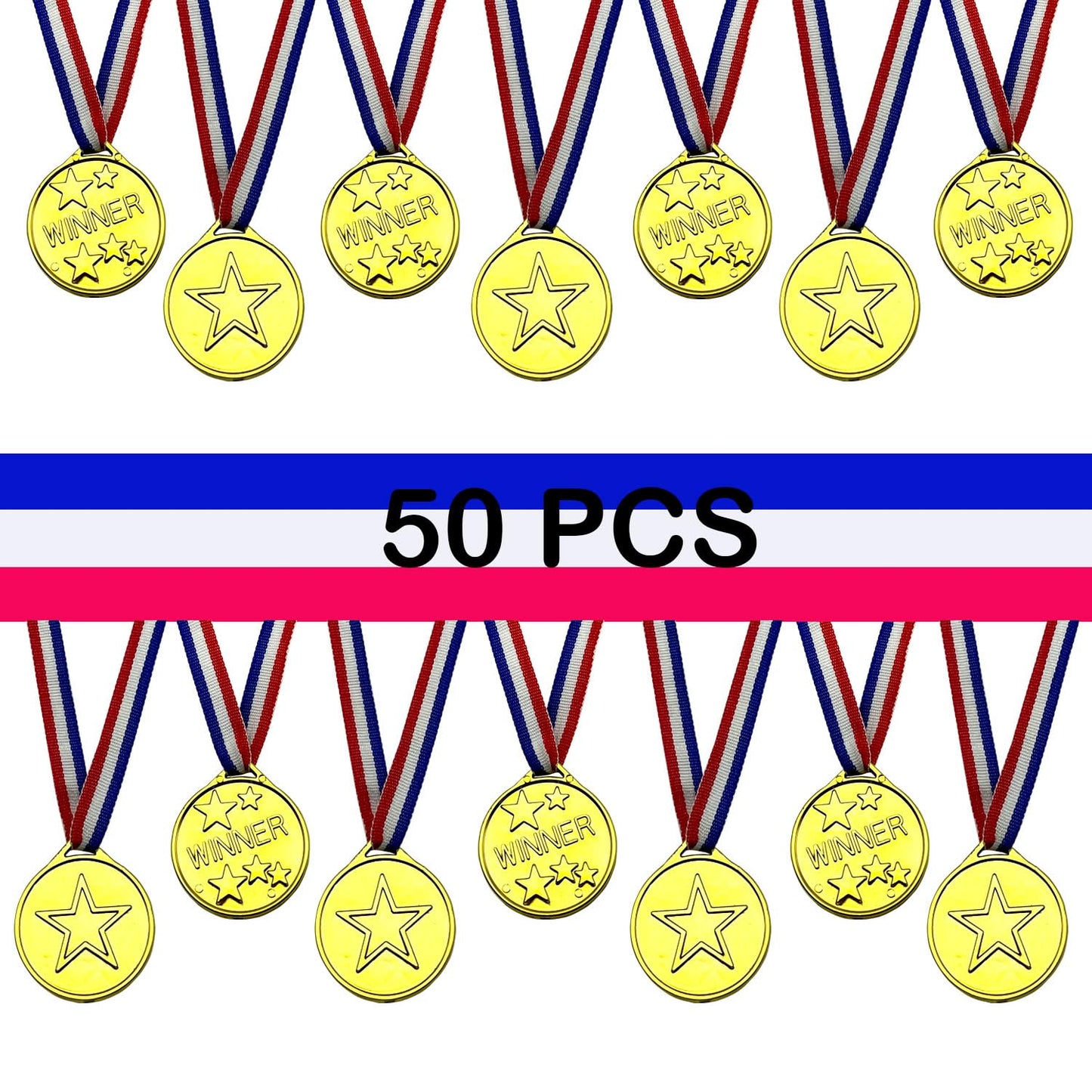 Oisinlas 50 Pcs Gold Plastic Winner Medals Award Medals for Kids School Sports, Soccer Competitions, Games, Talent Show, Gymnastic, Party Favors, Dress Up or Celebration Souvenir