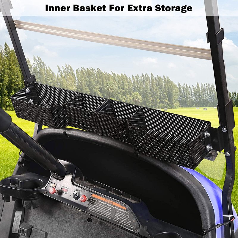 iLSKW Golf Cart Front Inner Basket Mesh Storage Tray Organizer for EZGO TXT & RXV, Clubcar DS & Precedent | Heavy Steel | Extended Additional Storage for Golf Carts