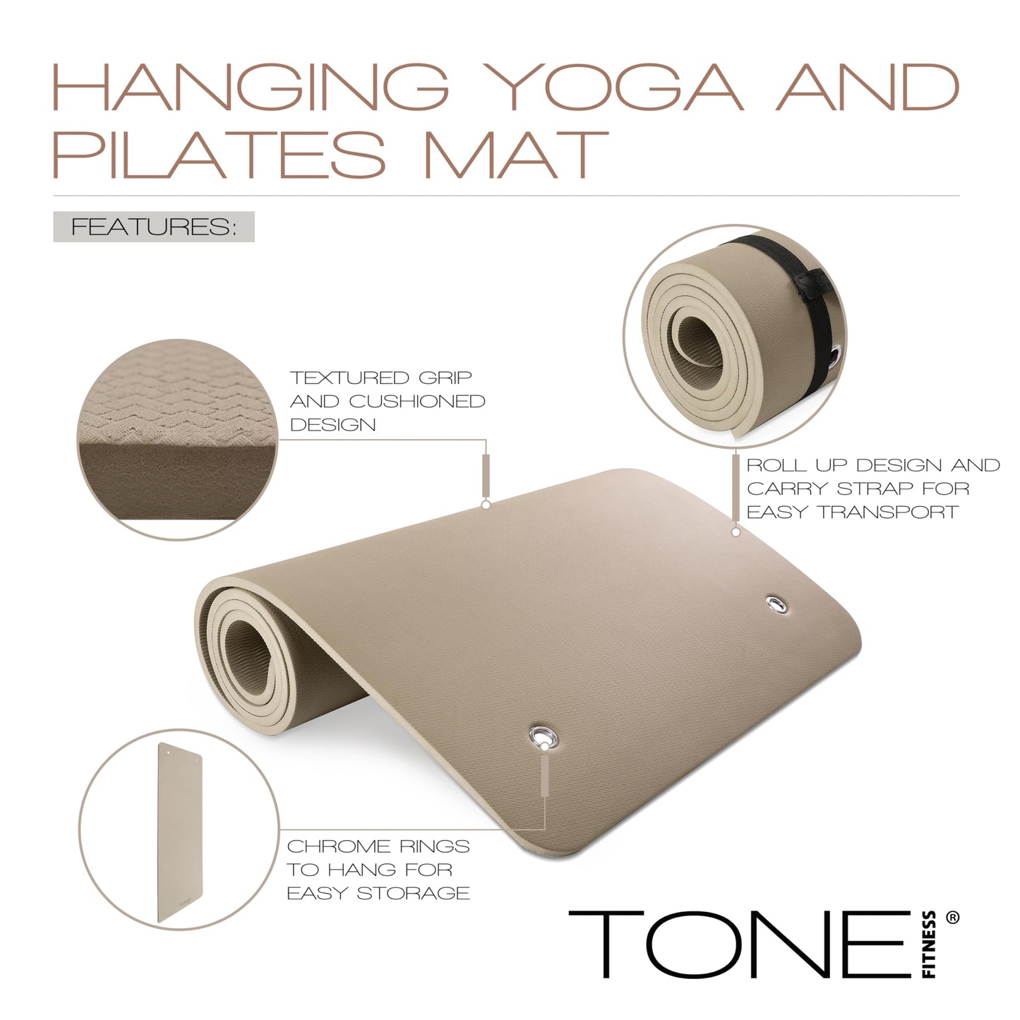 TONE Fitness Hanging Yoga Mat, Pilates Mat, Exercise Mat for Home Workouts with Carry Strap | V Pattern | Blue