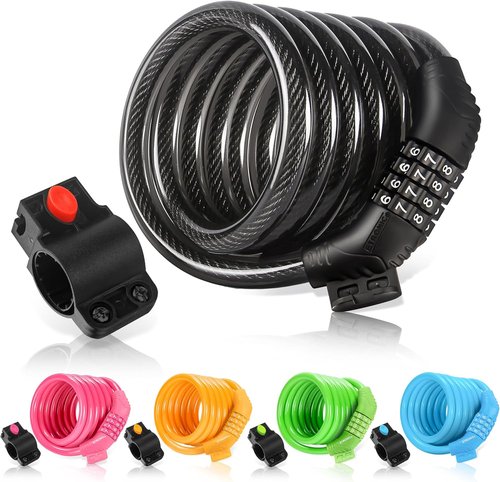 Etronic Bike Lock M6 - 6 Feet Long Coiled Security Cable Lock with Resettable Combo | Mounting Bracket Included