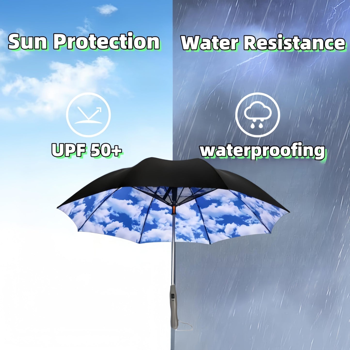 3 in 1 Sun Umbrella with Fan Misting, Uv Blocking 50+ Portable Fan Cooling Umbrella for Fishing, Golfing, Outdoor Beach, USB Rechargeable, Comes with Water Bottle Attach for the Mister
