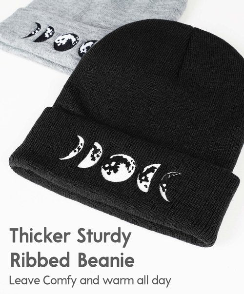 Gothic Moon Phase Skull Beanie Hats for Men Women, Warm Embroidery Winter Hat for Birthday Christmas & New Year Black