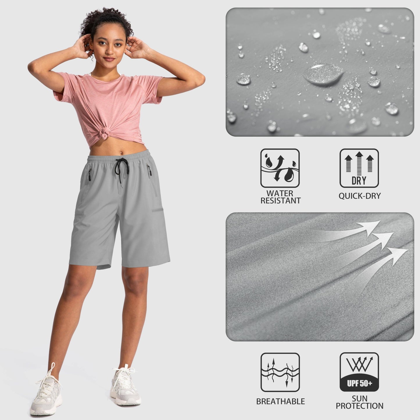 SANTINY Women's 5''/ 7''/9'' Hiking Cargo Shorts Quick Dry Lightweight Summer Shorts for Women Athletic Golf Zipper Pockets(Light Grey_3XL)