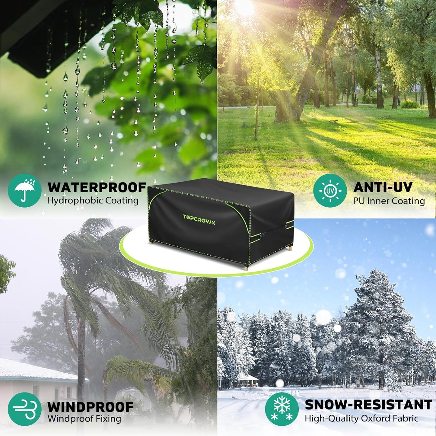 Topcrown Patio Furniture Covers - Waterproof Anti-UV Oxford Fabric | Rectangular 74"L x 47"W x 28"H (Black & Green)