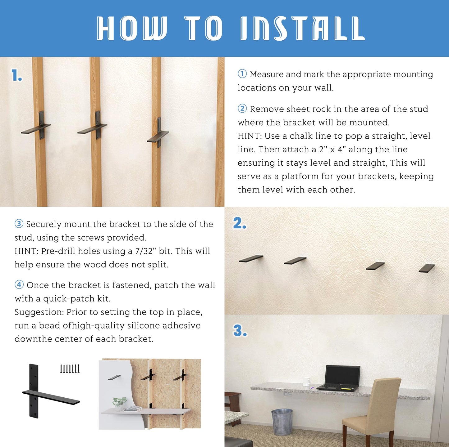 Floating Shelf Bracket 3/8" Thick Heavy Duty Shelf Brackets 4 Pack Free Hanging Countertop Support Bracket 10" Lx2.5 W Floating Wall Brackets for Cabinets, Granite, Dishwasher, Bench Seats Vanities