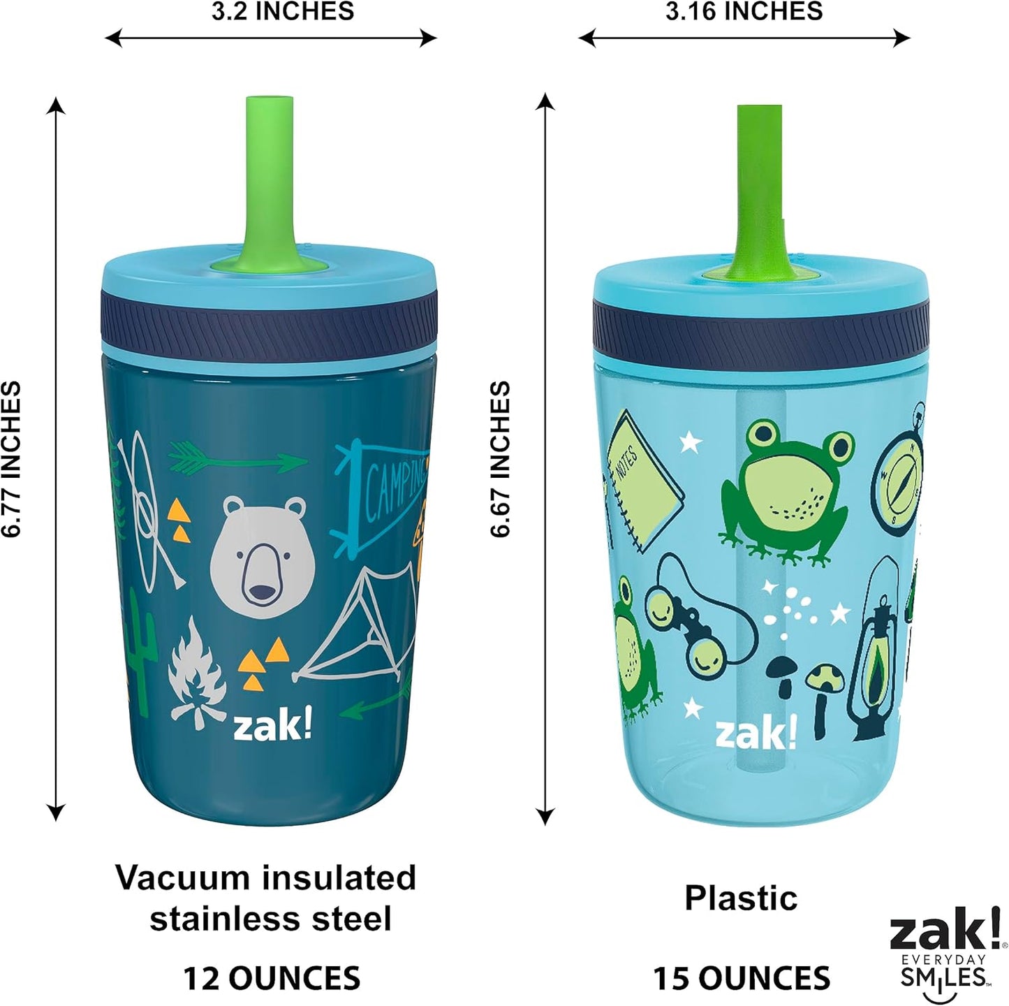 Zak Designs Kelso Tumbler Set - Leak-Proof Kids' Camping Cups with Straw | 3-Piece Non-BPA Bundle