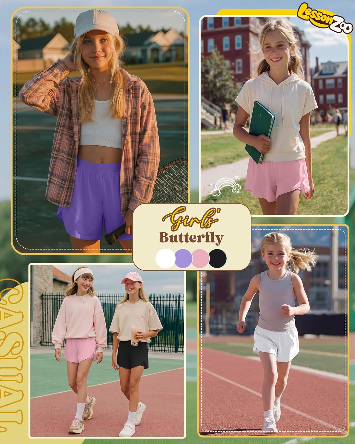 Skiennix Girls' Athletic Shorts - 2-in-1 Flowy Butterfly Skirts | Quick Dry High Waist with Pockets - 4 Pack