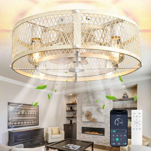 Depuley Cage Ceiling Fan with Light: Cement Flush Mount Ceiling Fans with Remote - 20in Rubbed Ceiling Fans Light Fixture for Dining Room - Rustic Reversible Farmhouse Fandelier for Bedroom Kitchen
