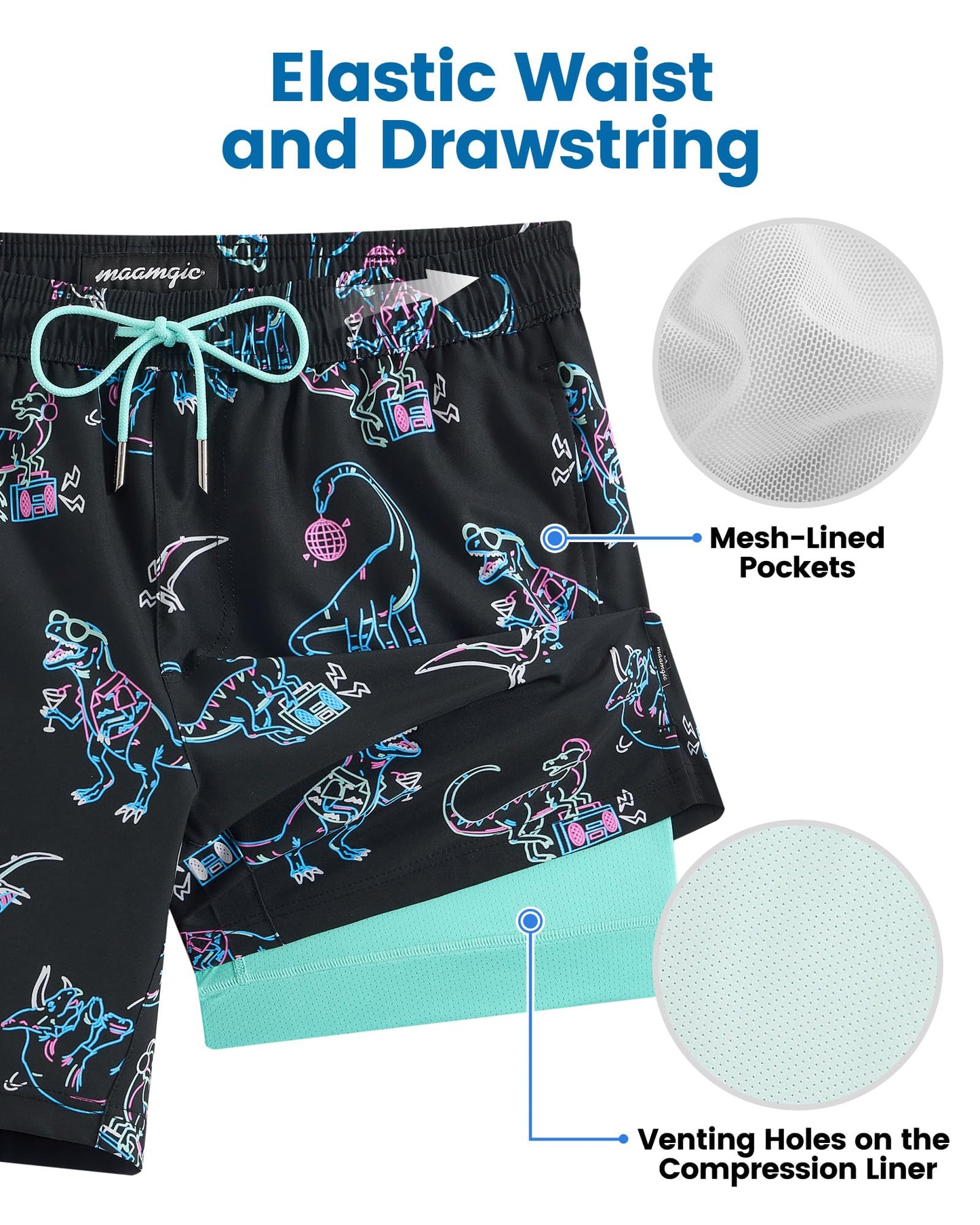 maamgic Mens Swim Trunks with Compression Liner 7 Inch Inseam Mens Bathing Suit Quick Dry Swimming Trunks Swimsuit Neon Dinosaur X-Large