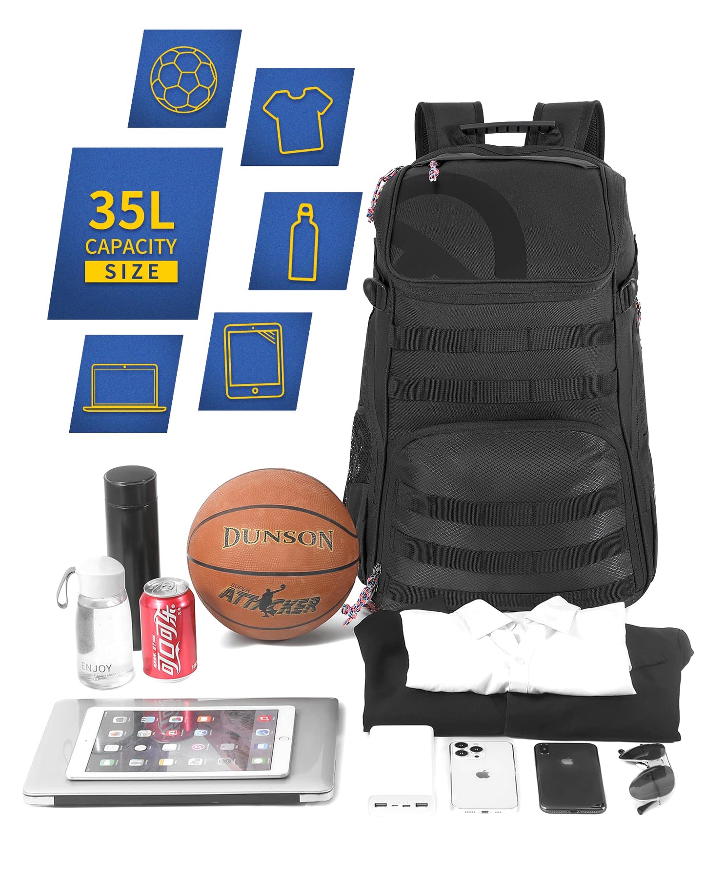 TRAILKICKER Basketball Bag Backpack with Ball Holder Multi-Sport Backpack for Soccer Volleyball Football Baseball Helmet (TK2-Black, Large)
