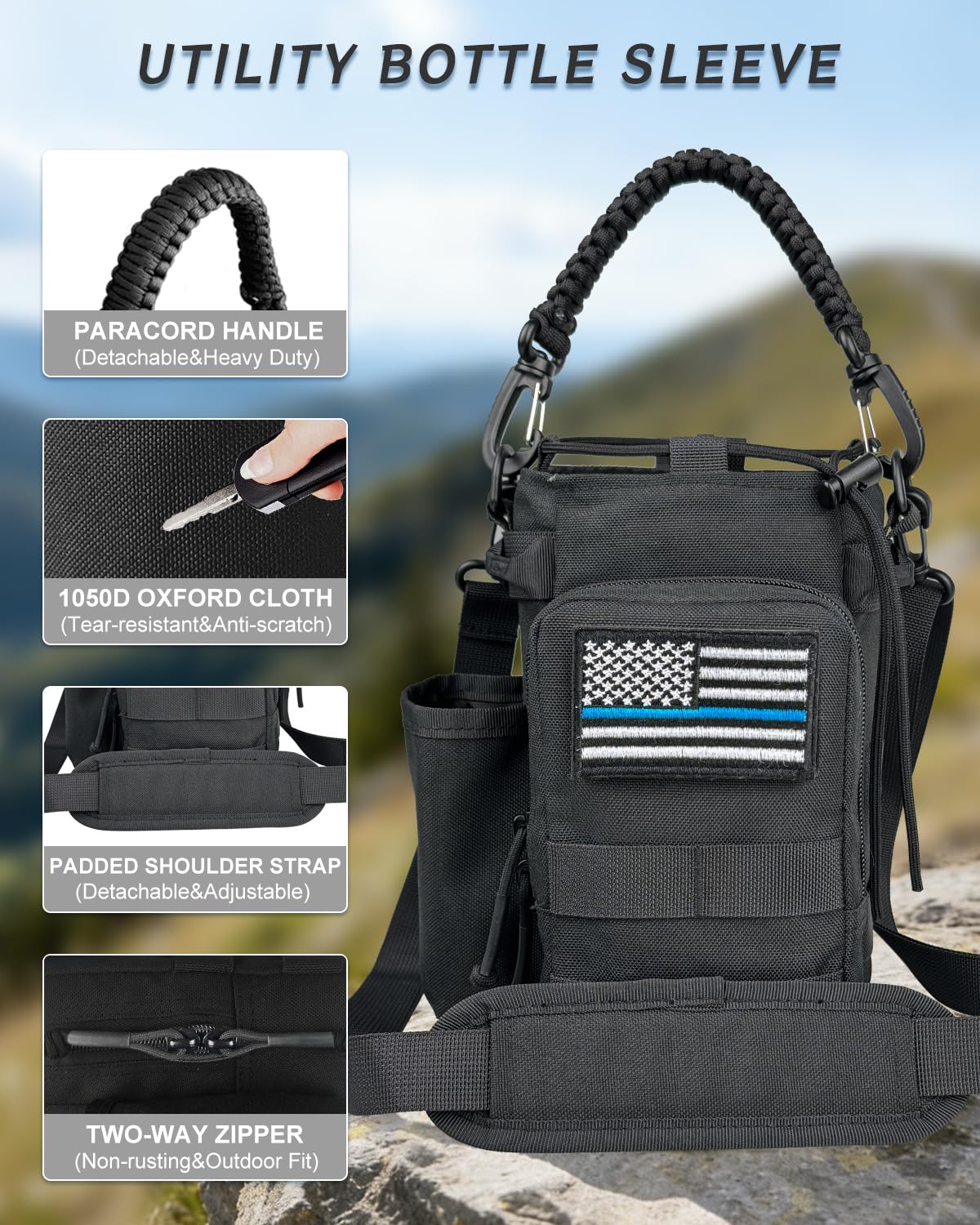 COOLYARD Water Bottle Holder with Strap Crossbody Sling Carrier Bag with Phone Pocket Molle Tactical Pouch for Walking Hiking Camping Gym Black