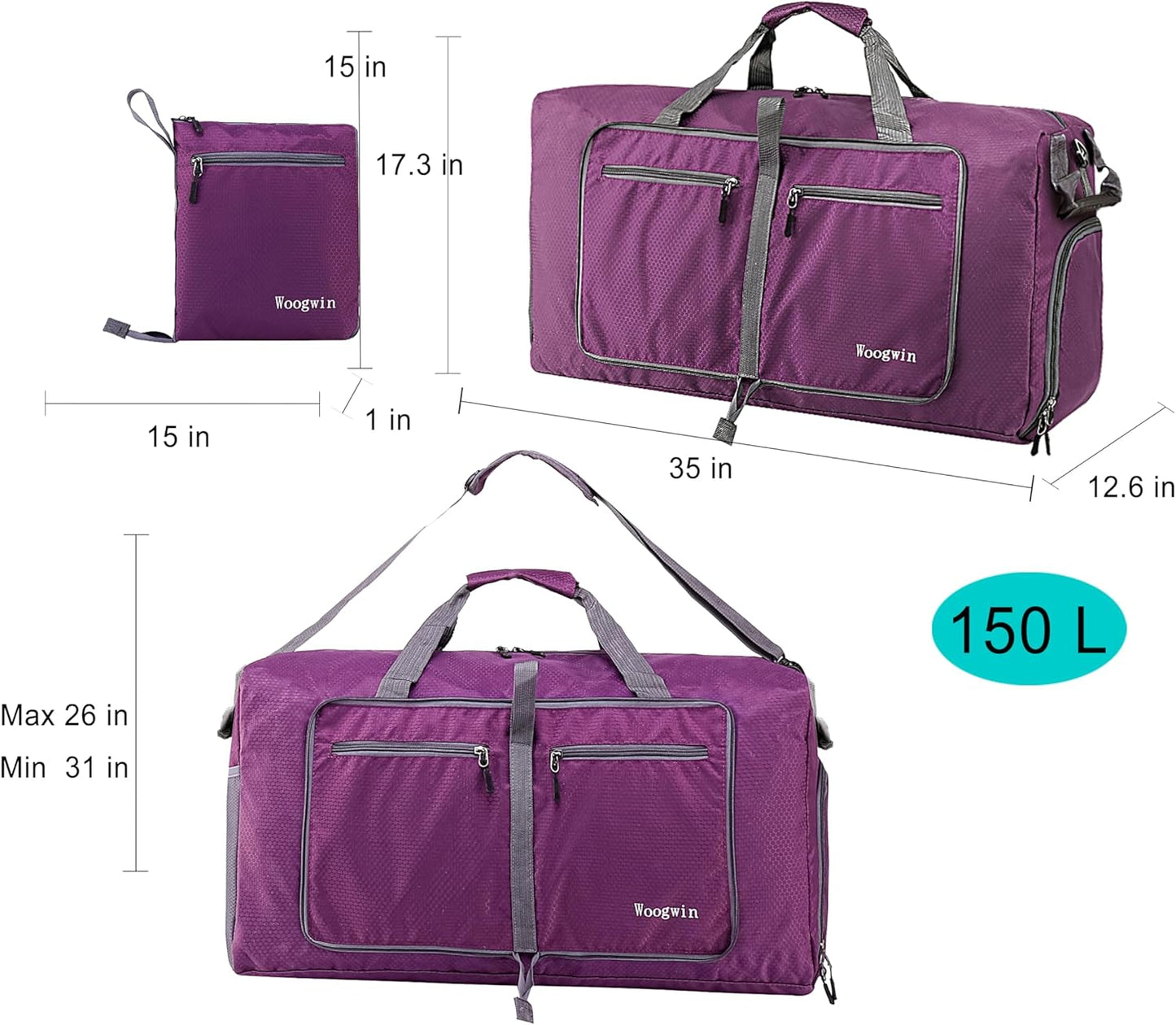 Woogwin Travel Duffel Bag - Large Waterproof & Foldable Overnight Bag for Gym, Beach, and Sports