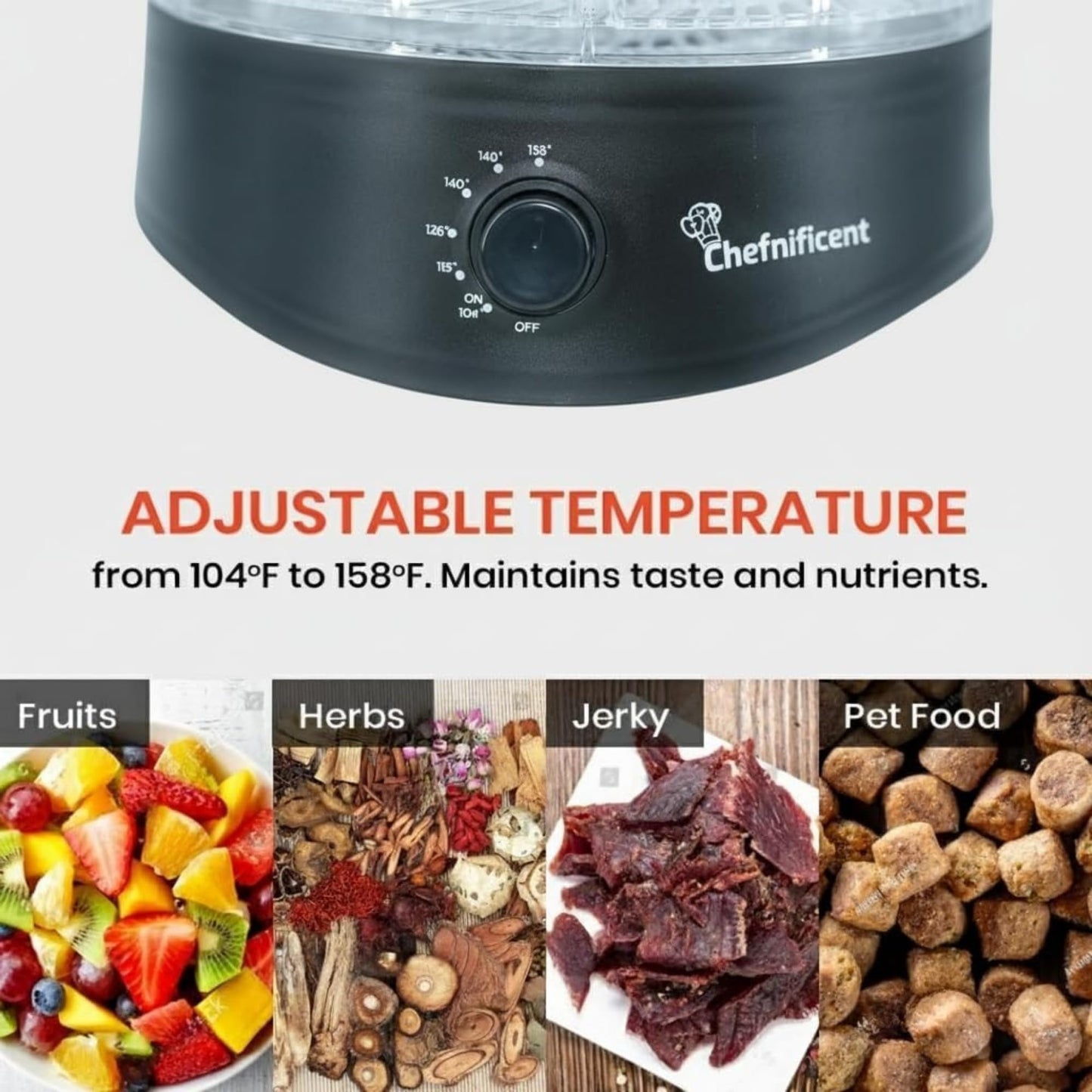 Food Dehydrator DryMax 280 – 5 Tray Adjustable, BPA-Free – 4-Hour Quick Drying, Even Heat, Easy Temp Control – Fruit, Veggie, Meat Jerky Maker (Black)
