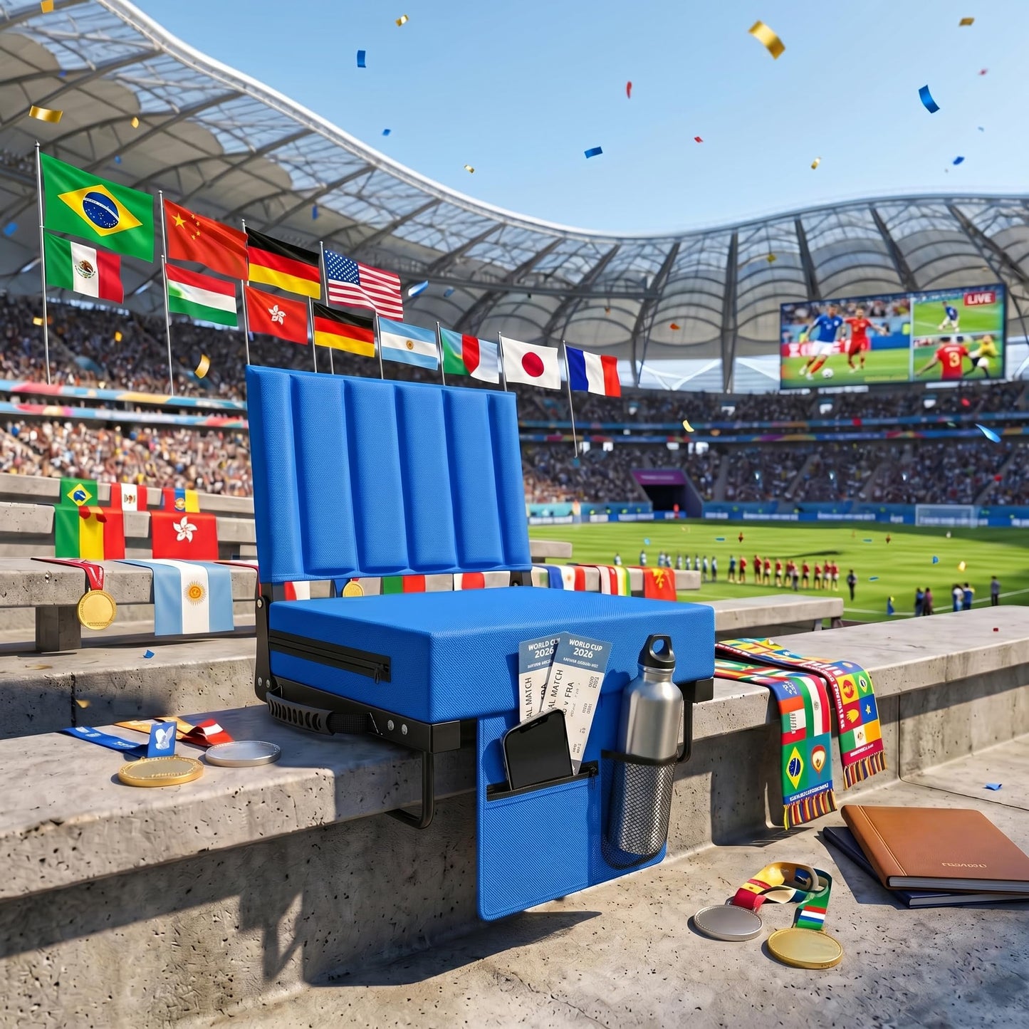 Aliphon Stadium Seat for Bleachers with Back Support and Cushion, Bleacher Seats with Shoulder Strap and Cup Holder, Padded Portable Folding Comfort Stadium Chair, for Sports Events, Blue (1pcs)