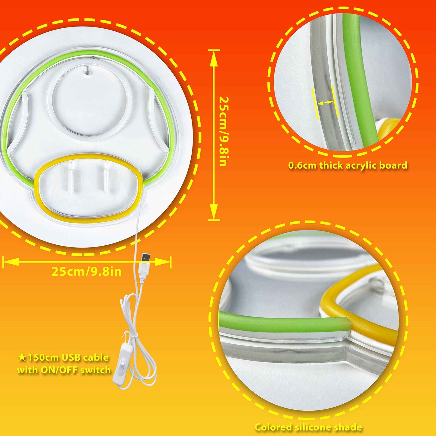 Heliwey Game LED Neon Light Sign for Game Room Decor Super Mushroom NPC Wall Decor for Bedroom, Man Cave, Party, Gaming Club Neon Wall Signs (Green)