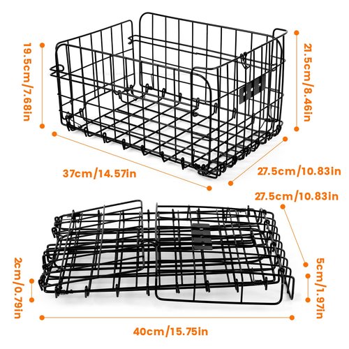 Bike Basket Rear Folding Large Bicycle Rear Basket with Removable Liner Bag and Waterproof Cover Large Capacity Ebike Rear Basket Metal for Adult Women/Men Carrying Dogs Pets Fruit & Grocery
