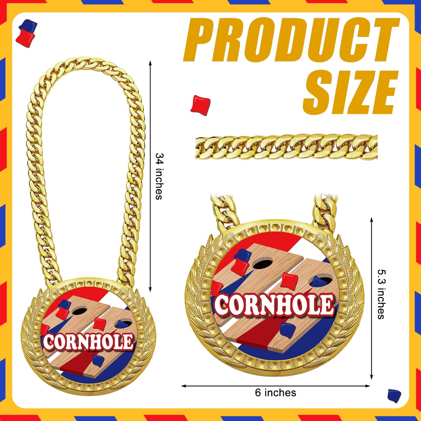 Tondiamo Sports MVP Turnover Chain Medal 6" Big Gold Champ Award Necklace Chain Baseball Basketball Football Soccer Softball Volleyball Competitions Prize Gifts Party Favors (Corn Hole)