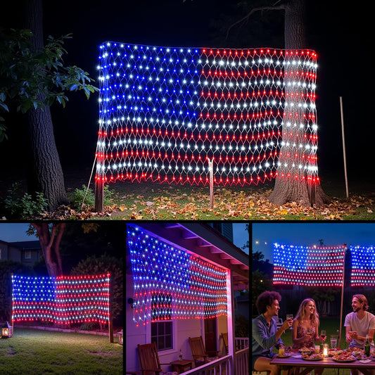 American Flag Lights Outdoor - 420 Super Bright Red White and Blue Lights, Waterproof Led Flag Net Light of The United States for Memorial Day, 4th of July, Yard, Garden, Christmas Decorations