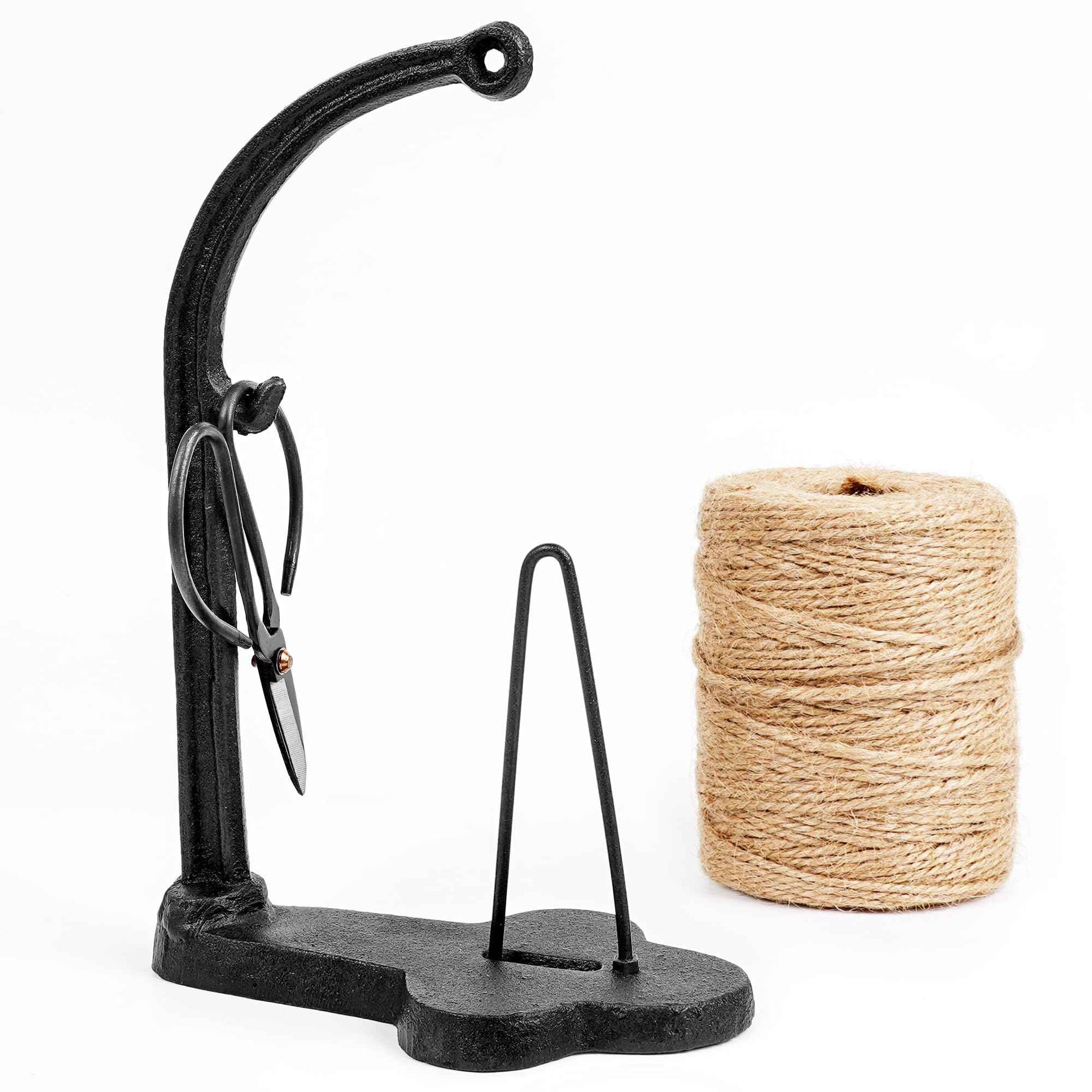 Vintage Style Cast Iron Twine and Shears Set Twine Holder with Scissors and Jute Twine Roll for Crafting, Gardening, Kitchen, Gift Wrapping, Black