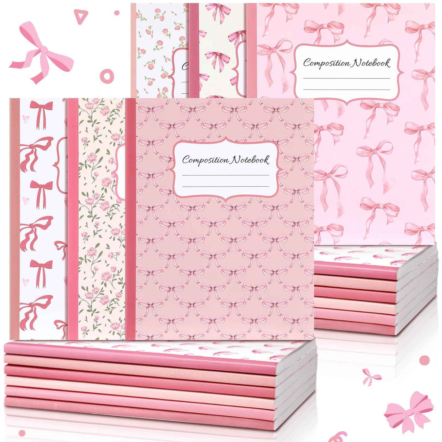 Fullhawl 6 Pcs Bow Composition Notebooks, Preppy Coquette Notebook College Ruled Journal, 110 Page, Cute Back to School Gift for Teacher, Student, First Day of Schooll(Pink,9-3/4 x 7-1/2")
