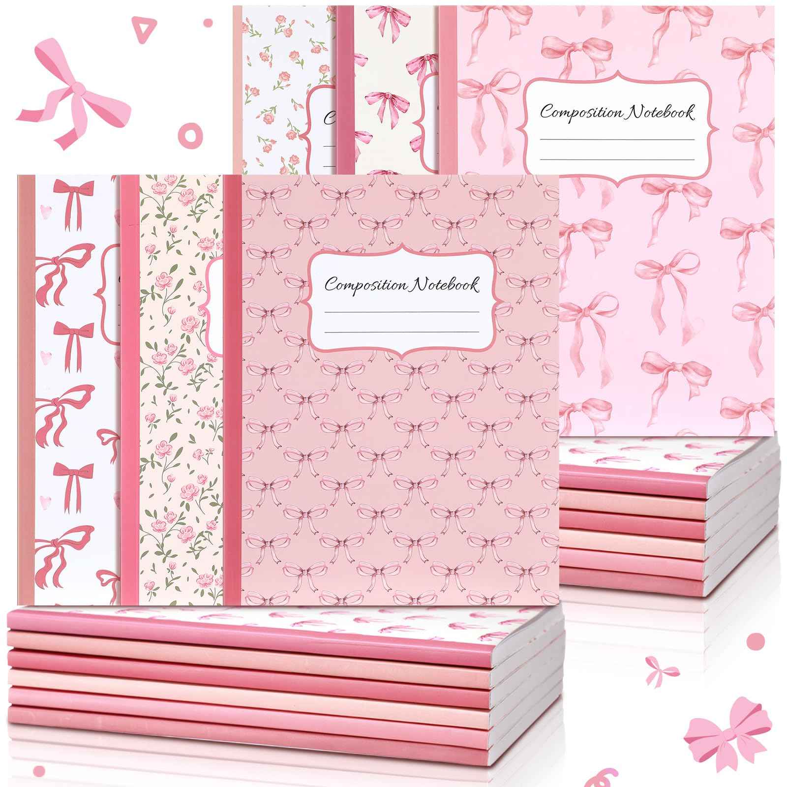 Fullhawl 6 Pcs Bow Composition Notebooks, Preppy Coquette Notebook College Ruled Journal, 110 Page, Cute Back to School Gift for Teacher, Student, First Day of Schooll(Pink,9-3/4 x 7-1/2")