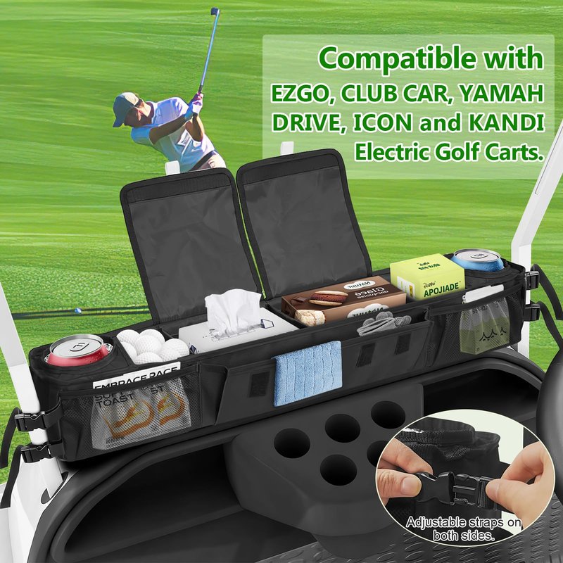 ORKELS Foldable Universal Golf Cart Storage Basket Organizer, No-Drill 1680D Inner Front Caddy for EZGO, Club Car, Kandi, and Electric Carts - Durable Black Organizer