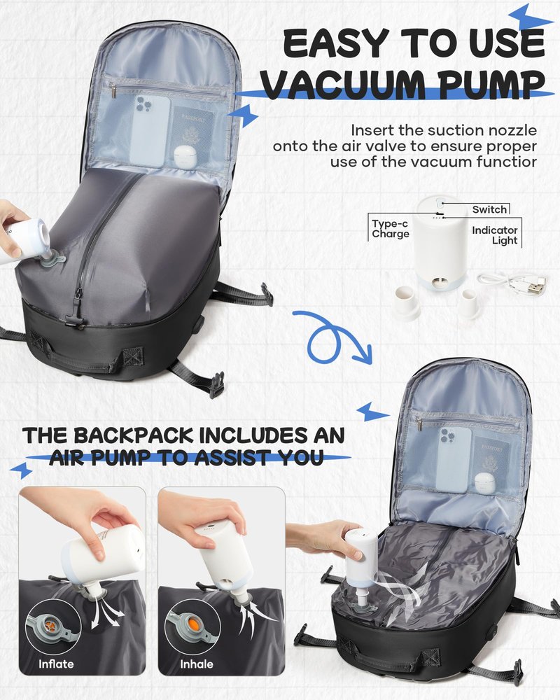 SEAFEW Black Vacuum Travel Backpack with Electric Pump, Carry on Backpack Flight Approved for Women, Casual Daypacks Cabin Bagage, Hiking Backpack Lightweight Rucksack with USB Charger