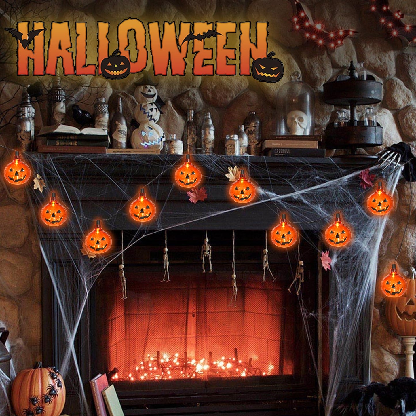 Couah Halloween Pumpkin LED String Lights, 8.5Ft Jack O Lantern Lights with 10 PCS Pumpkins Plug-in Waterproof for Outdoor Indoor Home Decorations