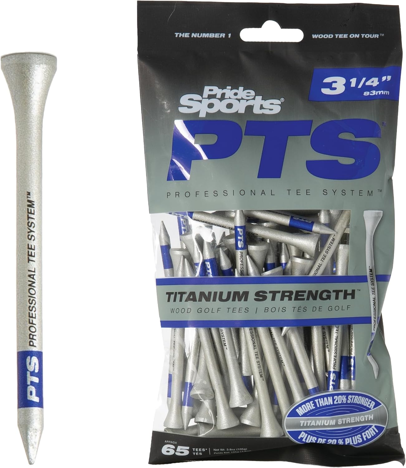 PrideSports PTS Titanium Strength Golf Tees - 65 Count, 2-3/4 Inch | Enhanced Durability with 8% Thicker Shaft