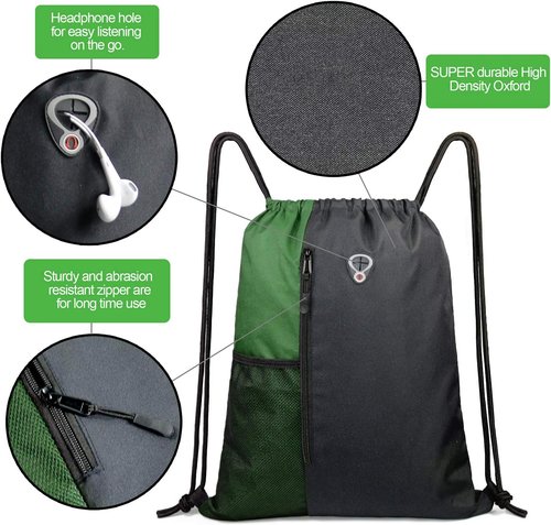 BeeGreen Drawstring Bag - Large Cinch Sackpack with Zipper & Water Bottle Mesh Pockets | Black/Green