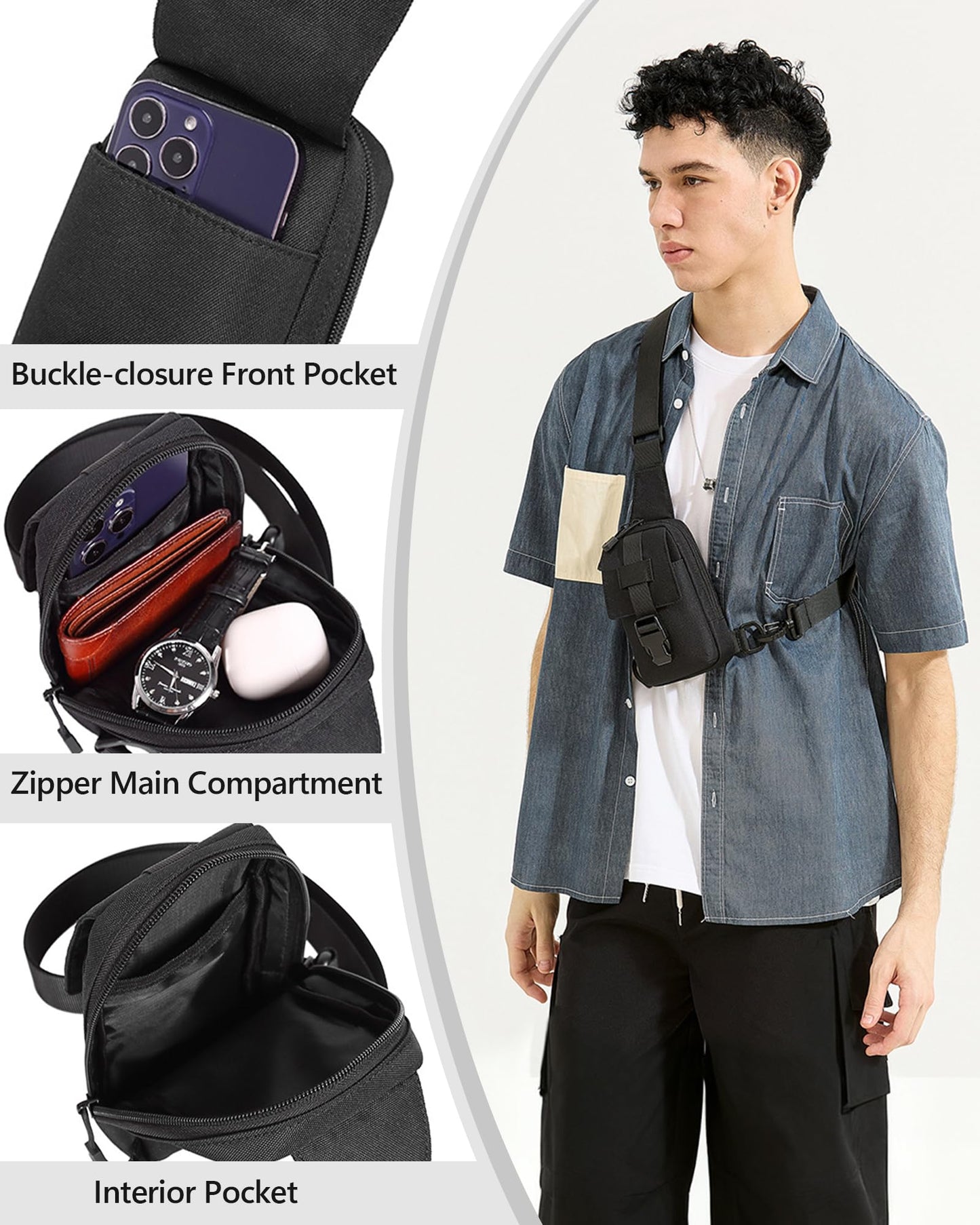 Peicees Small Sling Bag for Men, Tactical Inspired Waterproof Utility EDC Mini Crossbody Chest Bag for Travel Work Sport, Canvas Black
