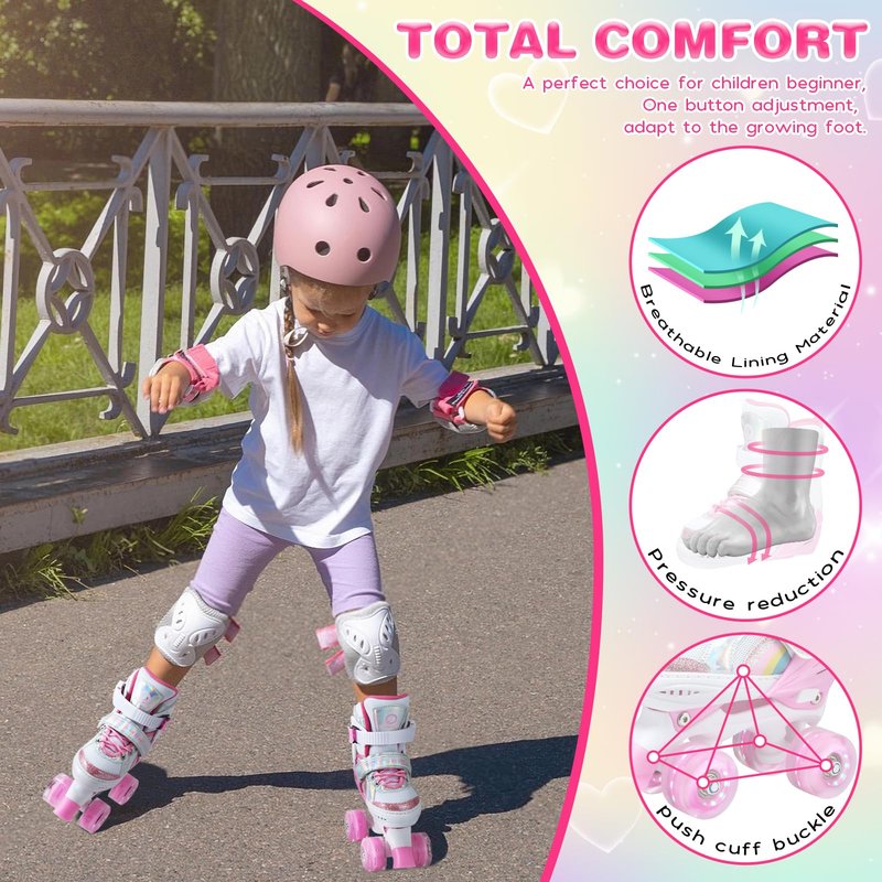 Kids Roller Skates for Girls and Boys, 4 Size Adjustable Rainbow Girls Skates with Light Up Wheels, Toddler Skates for Boys, Beginner Kids Roller Skates Indoor Outdoor