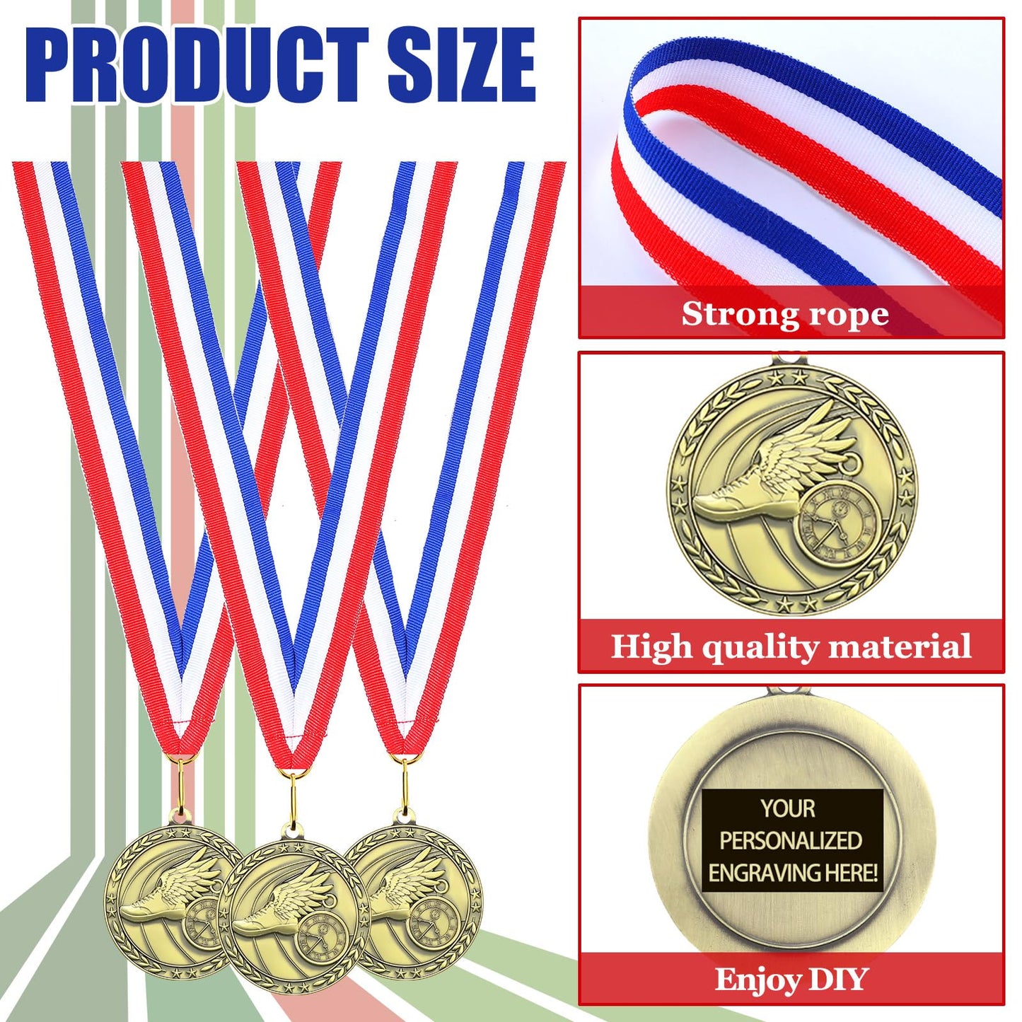 Equsion 36 Pcs 2'' Gold Medals Bulk Volleyball Football Basketball Soccer Baseball Archery Dink Ball Cheer Track Bowling Awards Medals with Ribbons for Sports Participation Winner Gift(Track)
