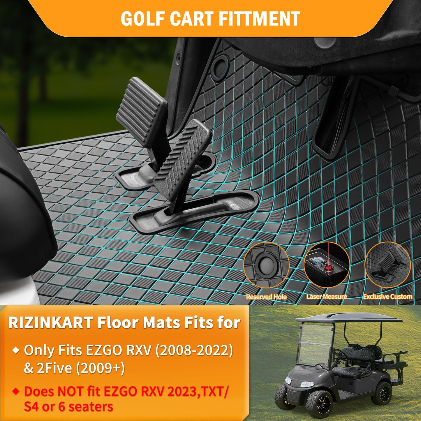 EZGO Golf Cart Rubber Floor Mat,Upgraded Non-Slip Full Coverage Liner Mat 8mm Thick,Fits EZGO RXV 2008-Up & 2Five (2009+),Heavy Duty Rubber Mats Replacement Black Trim,Abrasion Resistant