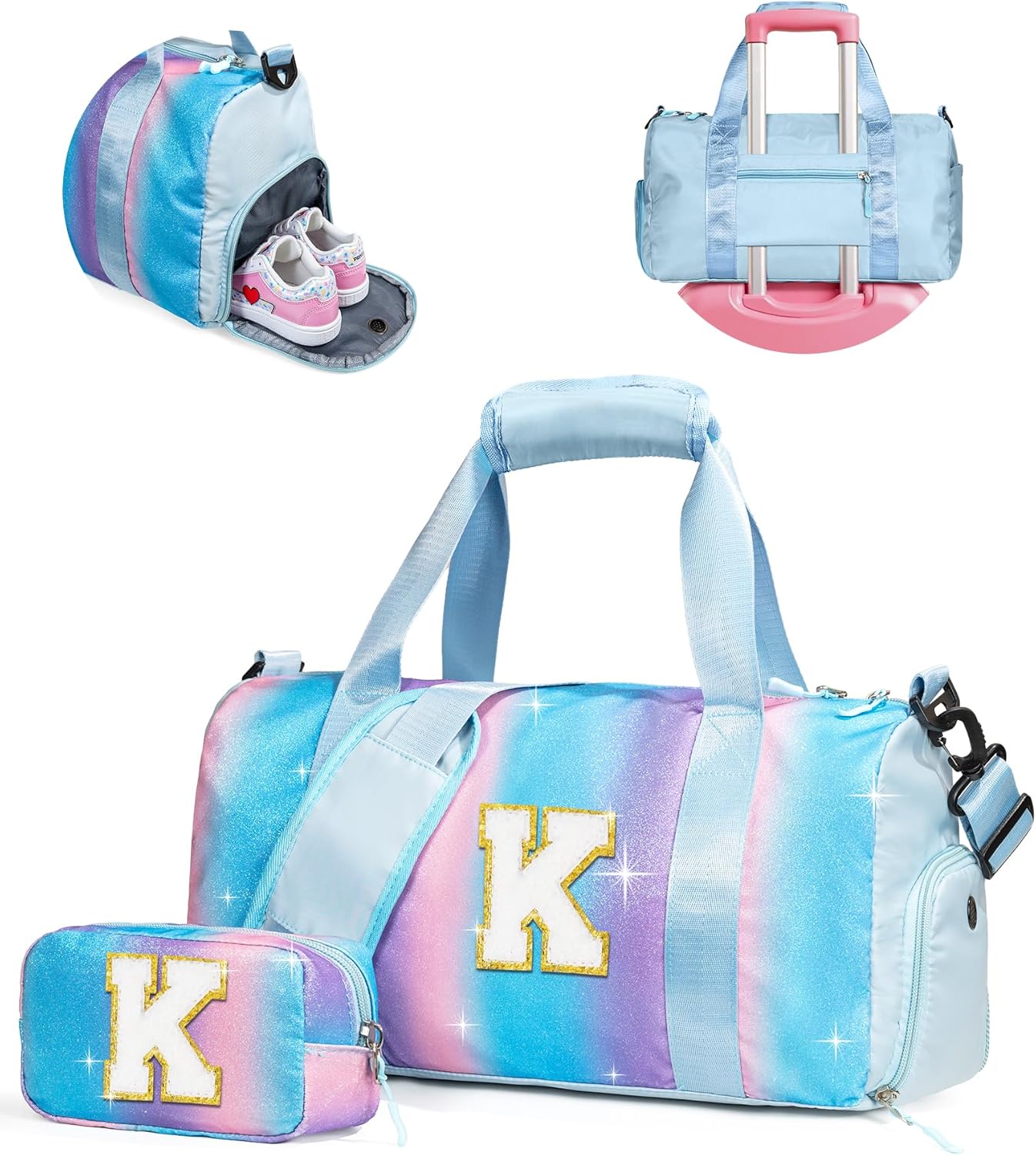 Skiennix Girls Gym Bag - Personalized Weekender Tote with Shoe Compartment & Makeup Pouch | Ideal Graduation Gift for Kids (Letter K)