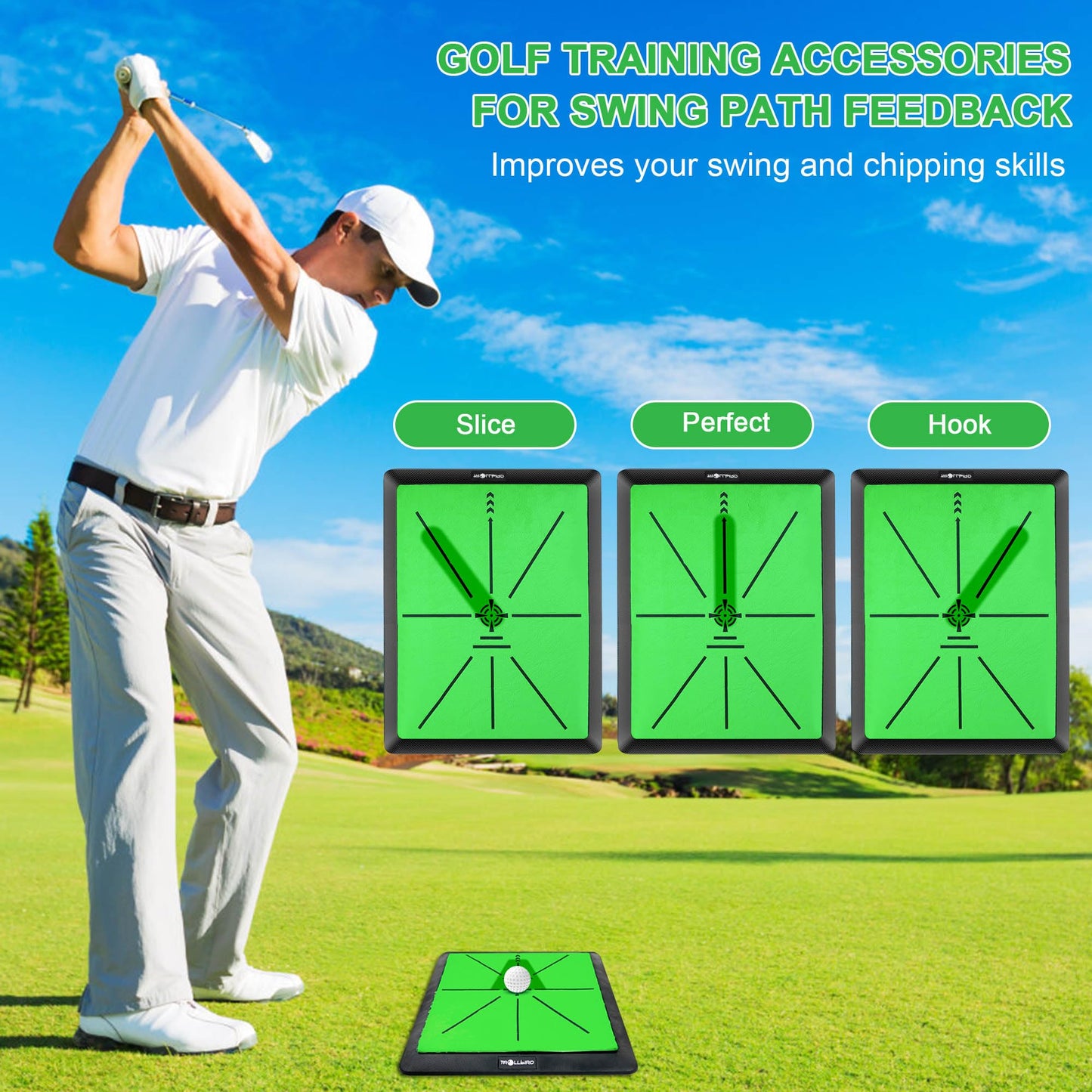 TROLLBIRD Golf Hitting Mat Golf Training Accessories for Swing Path Feedback 16.5"x12.5" with Replaceable Velvet Mat Practice Trainer Matt for Men Women Kids