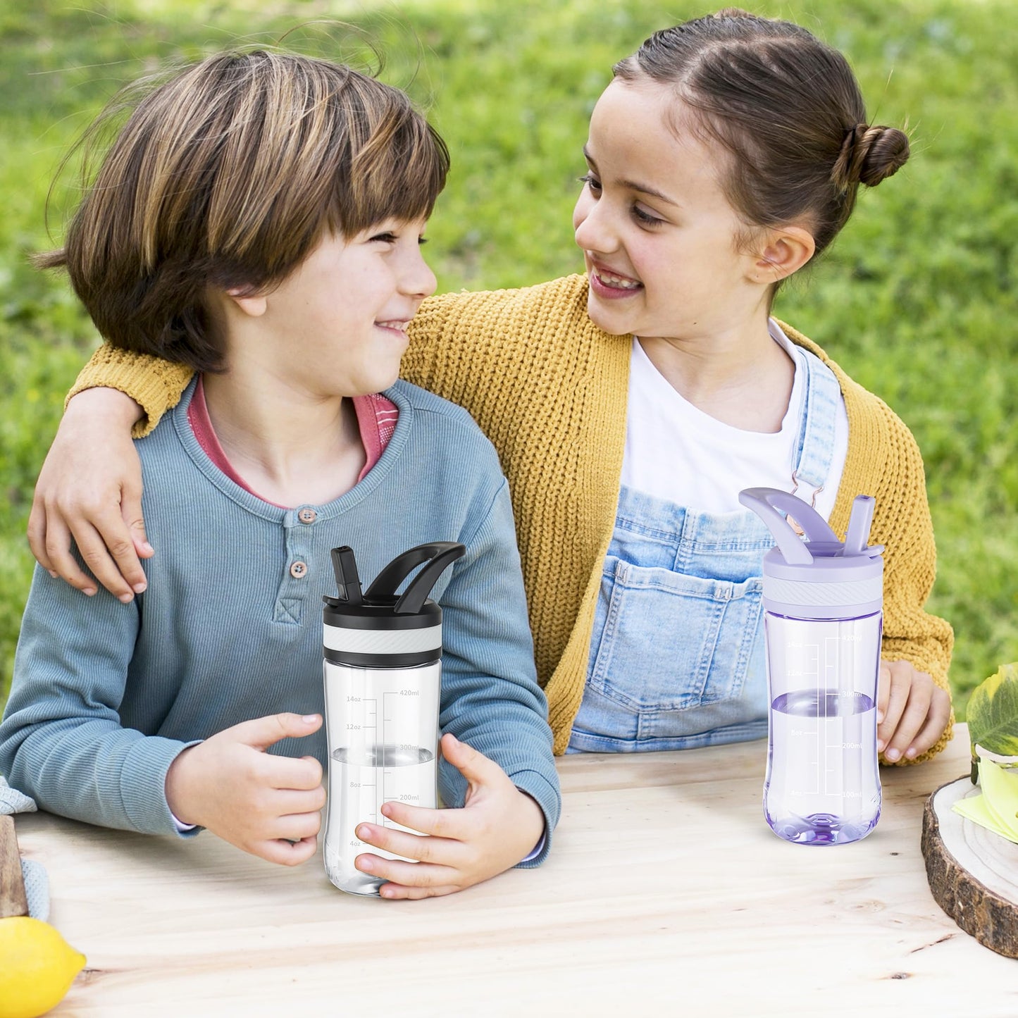 Edmyre 14oz Clear Kids Water Bottle with Straw Lid, BPA-Free Tritan, Measurement Scale, Sturdy Handle Wide Mouth Leak-proof Reusable Plastic Bottle for Boy& Girls, Back to School（Clear）