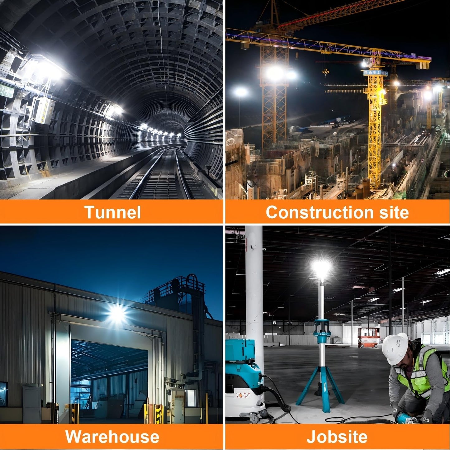 LED Temporary Work Light 100W, 15000Lm, 5000K Daylight White, Portable, Connectable LED Worksite Light with Hook, IP65 Dustproof and Waterproof, Suitable for Wet Locations and Construction Sites