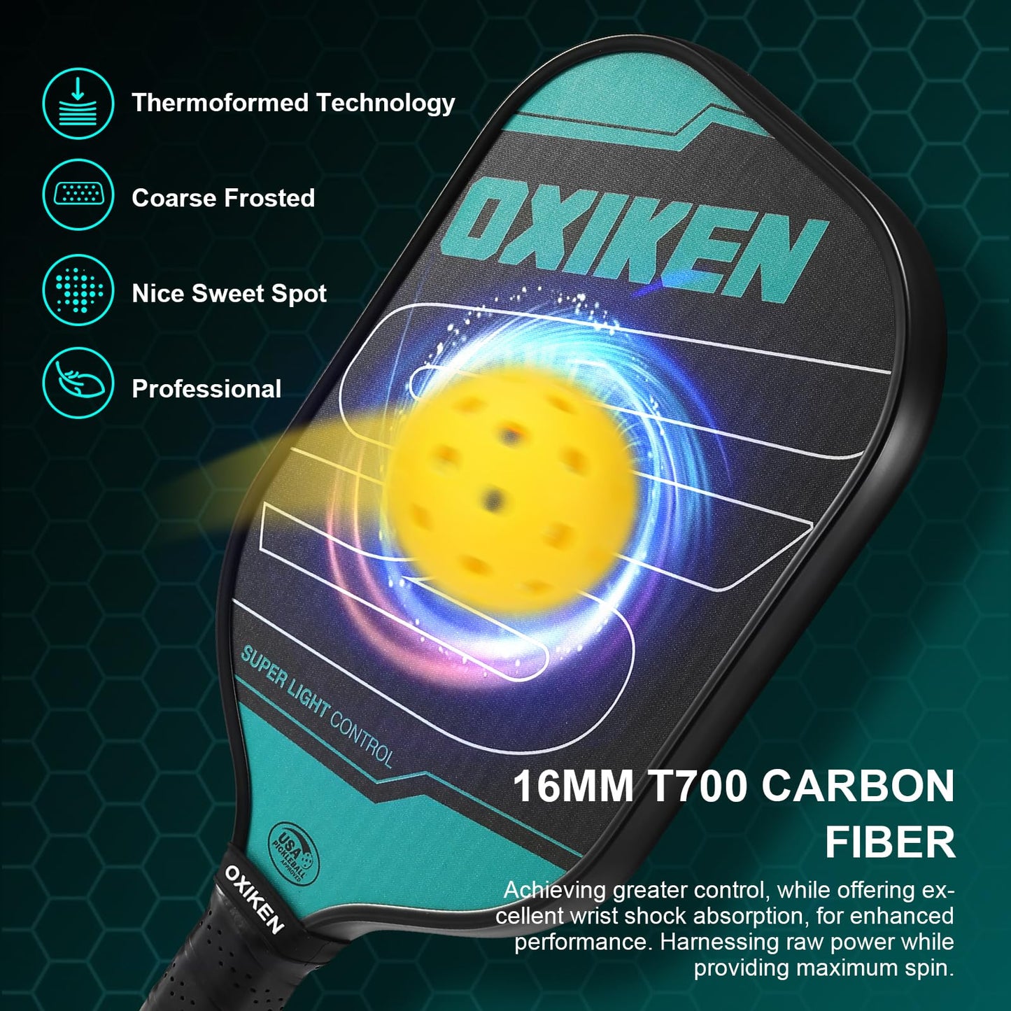 OXIKEN 16 mm Pickleball Paddles USAPA Approved T700 Carbon Fiber Surface (CFS) 8.3oz Pickle Paddle, Thermoformed High Grit & Spin, 5.5” Elongated Handle, Anti Slip Sweat Absorbing Grip with Cover Case